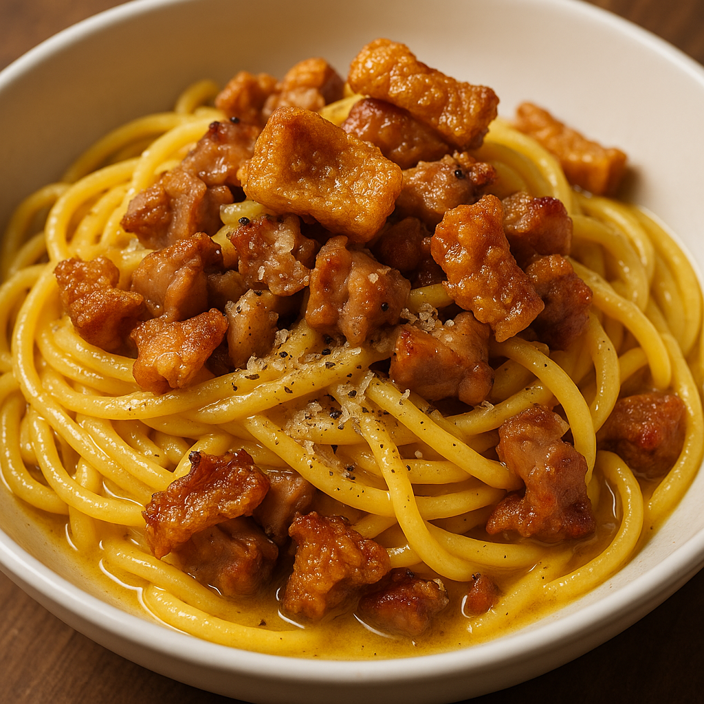 Pasta Carbonara con Patitas Fritas y Pasta Fresca Tipo Linguini